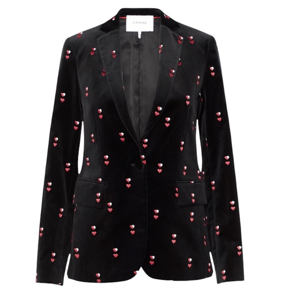 Frame Classic One Button Black Velvet Blazer Size 4 Heart Embroidered $625